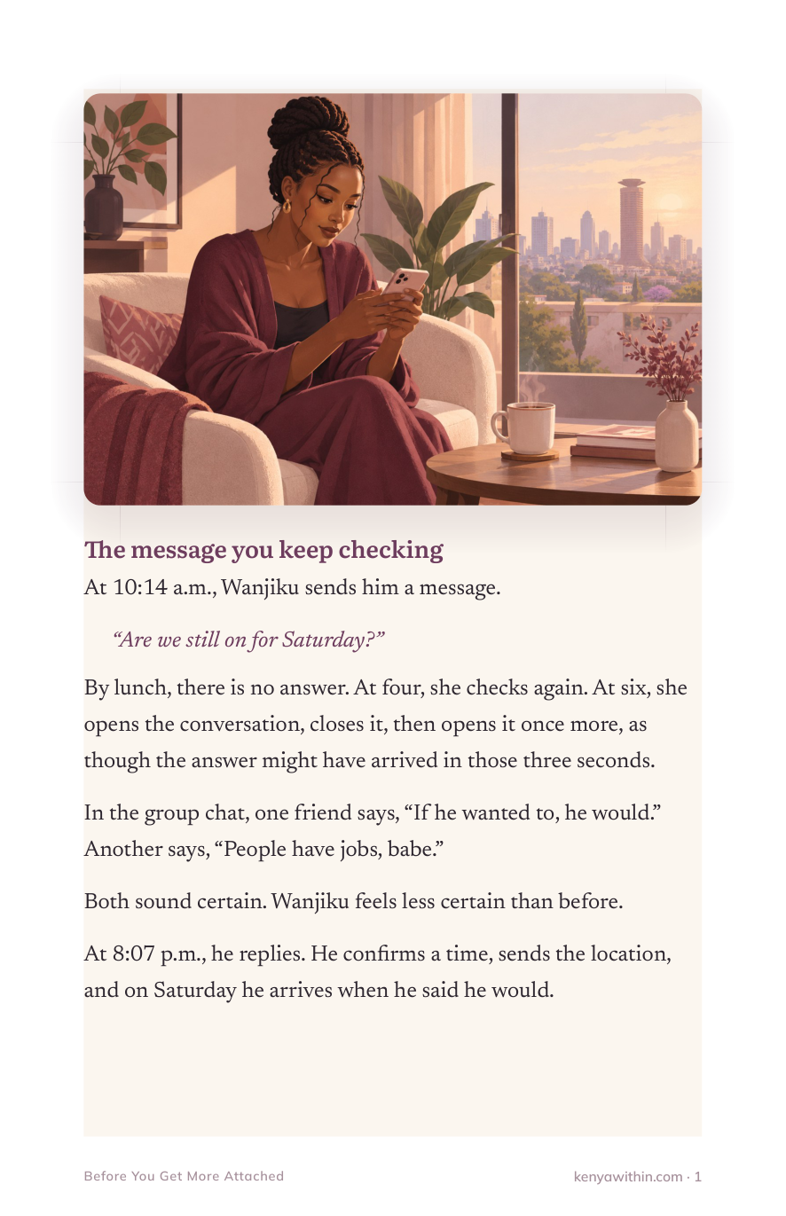 Chapter 1: a woman by the window in Nairobi, checking a message